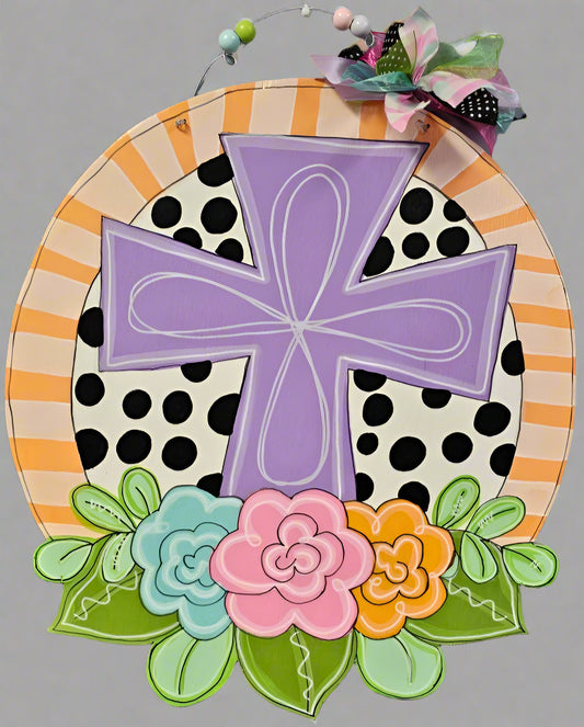 Floral Accent Purple Cross Wooden Door Hanger